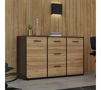 Forte Aparador MOKKARO con 3 cajones y 2 Puertas, Material de Madera, Roble Catania/Negro, An x Al x P: 141,2 x 84,9 x 42 cm