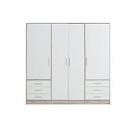 Forte Armario Jupiter 200 210, puertas batientes, 4 puertas, 6 cajones, estantes, blanco/roble arena, 206.5x200x60 cm