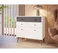 Forte Cómoda HARLLSON, Montaje fácil EasyKlix, Blanco/Gris Wolfram, 3 cajones, Patas Altas, Estilo escandinavo Retro, 90x86x41 cm