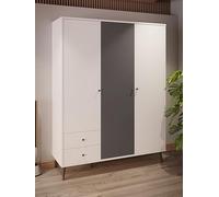 Forte HARLLSON Armario Blanco/Gris wolframio, Montaje EasyKlix, 3 Puertas, 2 cajones, estantes, Barra, Patas Altas, Tiradores Madera, 154x202x52 cm