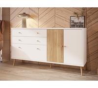 Forte HARLLSON Cómoda 160 Blanca/Roble Mauvella, Montaje EasyKlix, Patas Altas, 2 cajones, 3 Puertas, Estilo escandinavo Retro, 160x86x41 cm