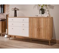 Forte HARLLSON Cómoda 160 Roble Mauvella/Blanco, Montaje EasyKlix, 2 cajones, 3 Puertas, Estilo escandinavo Retro, Patas Altas, 160x86x41 cm