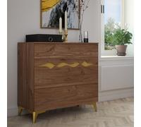 FORTE Kenyatta 80 90 - Cómoda elegante con 3 cajones, aparador moderno con detalles dorados, madera de roble colonial, decoración de madera de roble y oro, 89,9 cm de ancho x 85,8 cm de alto x 41,3 cm
