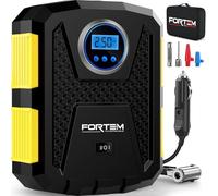 FORTEM Inflador de Ruedas de Coche - Compresor de Aire Portátil para Ruedas de 12 V con Luz LED - Manómetro Digital, Autobombeo, Parada Automática - Bolsa de Transporte (Amarillo)