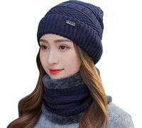 Foryo Gorro cálido de invierno con gorro de lana de punto y bufanda con forro polar grueso para hombre y mujer, azul marino, Talla única