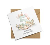 FORYOU24 Tarjeta de 5º cumpleaños con sobre, diseño de animales dulces, color verde pastel, tarjeta de felicitación para niñas y niños, tarjeta de regalo de quinto cumpleaños (DIN A6)