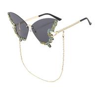 FOSDICK 1 Pieza Gafas de Sol Mujer y Cadena para Gafas, Sin Montura Mariposa Gafas Sol Mujer, Vintage Sunglasses Women de Diamantes, Protección UV, Lentes de Sol Mujer para Viajes, Compras, Fiestas