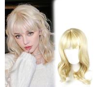 FOSDICK 45cm Peluca Rubia con Flequillo Peluca Rubia Corta Encantadora Mujer Pelucas Onduladas Blonde Wig Ola Rizo Cabello Cosplay Pelucas Resistentes al Calor Pelucas Mujer