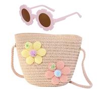 FOSDICK Bolso de Mano para Niñas y Gafas de Sol, Bolsos Verano De Paja, Bolso Bandolera para Niñas con Decoracion de Flores, Lindo Bolso Rafia Ajustable para viajes, Vacaciones y El Día a Día (Rosa)