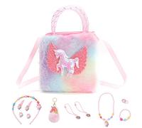 FOSDICK Bolso Unicornio Niña y Joyas Niña Set, Unicornios para Niñas, Bolso niña de Felpa, Collar Pulsera Anillo Pendientes Gomas del Pelo Pinza, Regalos niñas 3 4 5 6 7 8 años