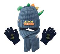FOSDICK Conjunto Bufanda Gorro y Guantes Niño, Set de Gorra Bufanda Guantes Termicos Niño, 3 en 1 de Punto Gorras Beanie Bufandas Guante Termico, Diseño de Dinosaurios Lindo Gorros Scarf Winter Gloves