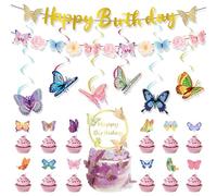 FOSDICK Tema del Mariposa Decoracion Cumpleaños Set, Mariposa Feliz Cumpleaños Decoracion, Lindo Mariposa Happy Birthday Decoracion Kit, Incluye Happy Birthday Banner, Decoracion Tartas Cumpleaños