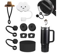 FOSFUKEER Juego de accesorios Stanley, incluye 6 tapones de silicona a prueba de fugas, 2 tapas de paja, 1 funda de silicona para vasos Stanley de 1,2 l y 850 ml, tazas no incluidas (negro)