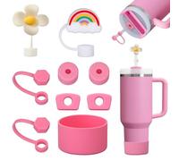 FOSFUKEER Stanley Cup Lot de 6 tapones de silicona anti-fugas, 2 tapas con pajita, 1 funda de silicona para vasos Stanley de 1,2 l y 850 ml, tazas no incluidas (rosa antigua)