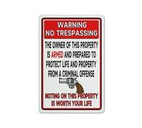 FOSHIN Letrero de metal con texto en inglés "Owner Is Armed Prepared To Protect Not Worth Your Life", de aluminio, para uso en interiores y exteriores, señal de advertencia de seguridad, 12 x 8
