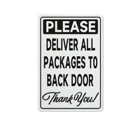 FOSHIN Letrero de metal con texto en inglés «Please Deliver All Packages To Back Door», de aluminio, resistente a la decoloración, fácil montaje, para uso en interiores y exteriores, 12 x 8 pulgadas