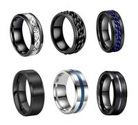 FOSLXIN 6 PCS Anillos Plateados Negros para Hombre, Anillos de Acero Inoxidable para Hombre y Mujer, Anillo con Cadena, Anillo con Abrebotellas, Boda, Compromiso, Promesa, Fidget, Día Del Padre (11)