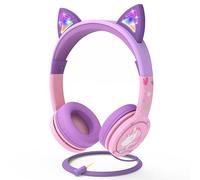 FosPower Auriculares para Niños con Orejas de Gato LED, Límite de Volumen Seguro 85dB, Casco con Cable de 3,5mm Auriculares Infantiles para iPad, Tablet, Escuela, Viaje, Rosa Bebé/Lavanda