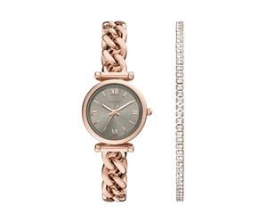 Fossil Carlie - Reloj de cuarzo de acero inoxidable con tres manecillas para mujer, Juego de regalo de cadena de oro rosa, 28 MM