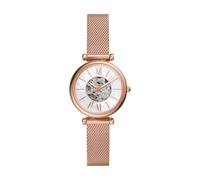 Fossil Carlie Reloj para mujer, movimiento automático con malla de acero inoxidable o correa de piel, Blanco y oro rosa, 28MM