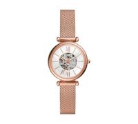 Fossil Carlie Reloj para mujer, movimiento automático con malla de acero inoxidable o correa de piel, Blanco y oro rosa, 28MM
