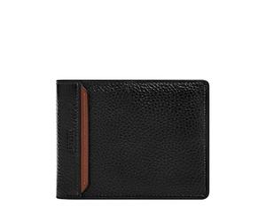 Fossil Cartera plegable de cuero para hombre con ventana de identificación abatible para hombre, Huntington Negro, Talla única, Cartera plegable con tapa para identificación