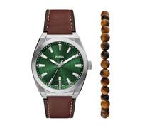 Fossil Everett - Juego de Reloj y Pulsera de Cuero marrón con Tres manecillas para Hombre, Marrón