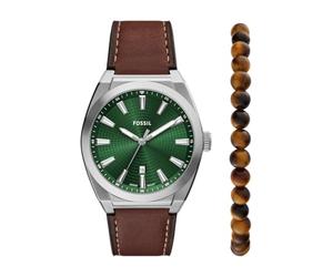 Fossil Everett - Juego de Reloj y Pulsera de Cuero marrón con Tres manecillas para Hombre, Marrón