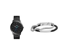 Fossil Hombre Minimalist Negro Acero Inoxidable Reloj y Ellis Plateado Acero Inoxidable Pulsera, Set
