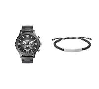 Fossil Hombre Nate Gris Acero Inoxidable Reloj y Ellis Negro Piedras Semipreciosas Pulsera, Set