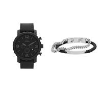 Fossil Hombre Nate Negro Cuero Reloj y Ellis Plateado Acero Inoxidable Pulsera, Set