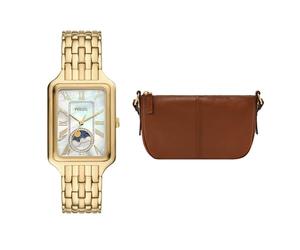 Fossil Mujer Reloj de Acero Inoxidable Dorado Raquel y Bolsa Jolie Marrón, Set