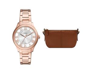 Fossil Mujer Reloj de Acero Inoxidable Oro Rosa Raquel y Bolsa Jolie Marrón, Set