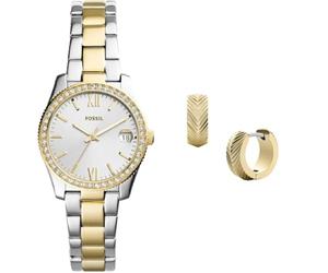 Fossil Mujer Scarlette Mini Bicolor Acero Inoxidable Reloj y Harlow Dorado Pendientes, Set