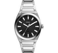Fossil Reloj Everett para hombre, movimiento de cuarzo con fecha a tres agujas y correa de piel o acero, Tono plateado y negro