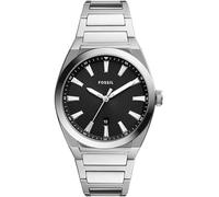 Fossil Reloj Everett para hombre, movimiento de cuarzo con fecha a tres agujas y correa de piel o acero, Tono plateado y negro