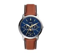 Fossil Reloj Neutra para Hombre, Movimiento multifunción con Fases Lunares con Correa de Acero o Piel, Marrón Oscuro y Azul, 42 mm