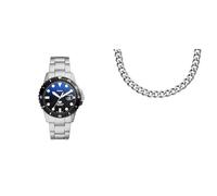Fossil Reloj para Hombre Buceo Azul y Collar, Plata Acero Inoxidable, Set