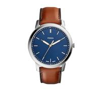 Fossil Reloj para hombre The Minimalist, movimiento de cuarzo, caja de 44 mm de acero inoxidable plateado con correa de piel, FS5304, Azul/Marrón