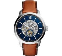 Fossil Reloj para hombre Townsman, movimiento mecánico automático, caja de 48mm de acero inoxidable plateado con correa de piel, ME3154, 48MM, Marrón y Tono Plateado
