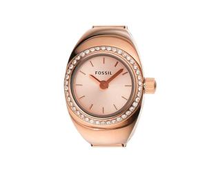 Fossil Reloj Ring para Mujer, Movimiento de Cuarzo a Dos Agujas con Correa de Acero Inoxidable, Oro Rosa y Purpurina, 15 mm
