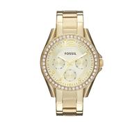 Fossil Riley Reloj para mujer, movimiento cronógrafo con correa de acero o piel, Dorado y purpurina, 38MM