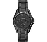 Fossil Riley Reloj para mujer, movimiento cronógrafo con correa de acero o piel, Negro y purpurina, 38MM