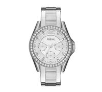 Fossil Riley Reloj para mujer, movimiento cronógrafo con correa de acero o piel, Tono plateado y purpurina, 38MM
