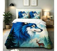 Fotmung Conjunto de Ropa de Cama Lobo Azul Ciervo, Set de Funda de Edredón 3 Piezas - 220x240 cm, Confort Superior en Todas Las Estaciones, Elegancia para tu Dormitorio Principal-E292