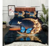 Fotmung Edredón Nordica Cama 105-200x200 cm Luna Y Mariposas En 3D, Juego de Ropa para Cama de 2 Personas, Edredón Estampado de 4 Estaciones + 2 Funda de Almohada 50 x 75-A381