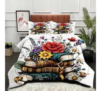 Fotmung Edredón Nórdica Cama 180-240x260 cm Libro con Flores Animadas, Colcha de Microfibra para Adolescentes Niños, 3D Transpirable Edredón y 2 Fundas de Almohada 50 x 75 cm-A355