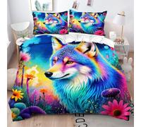 Fotmung Funda Nórdica 240x260 cm Lobo con Flores De Colores, Funda Nórdica Extra Grande + 2 Fundas de Almohada, Resistente al Lavado y al Desgaste, Transforma tu Cama en una Obra de Arte-A228