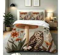 Fotmung Funda Nordica Cama 90 Infantil Búho Hongos Animado, Funda de Edredón de Microfibra con Cremallera, Juego de Ropa de Cama con Fundas 135x200 + 2 Funda de Almohada 50x75 cm-E235