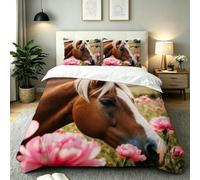 Fotmung Funda Nordica Cama 90 Infantil Caballo Flores 3D, Funda de Edredón de Microfibra con Cremallera, Juego de Ropa de Cama con Fundas 135x200 + 2 Funda de Almohada 50x75 cm-E297